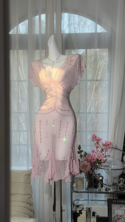 Robe courte en mousseline rose coupe droite à col en V, mignonne, idées pour un 16e anniversaire, tenues de bal de promo N3540