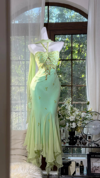 Classic Mermaid Halter Green Chiffon With Scarf Ankle Length Prom Dresses Inspo Formal Outfits RB4511