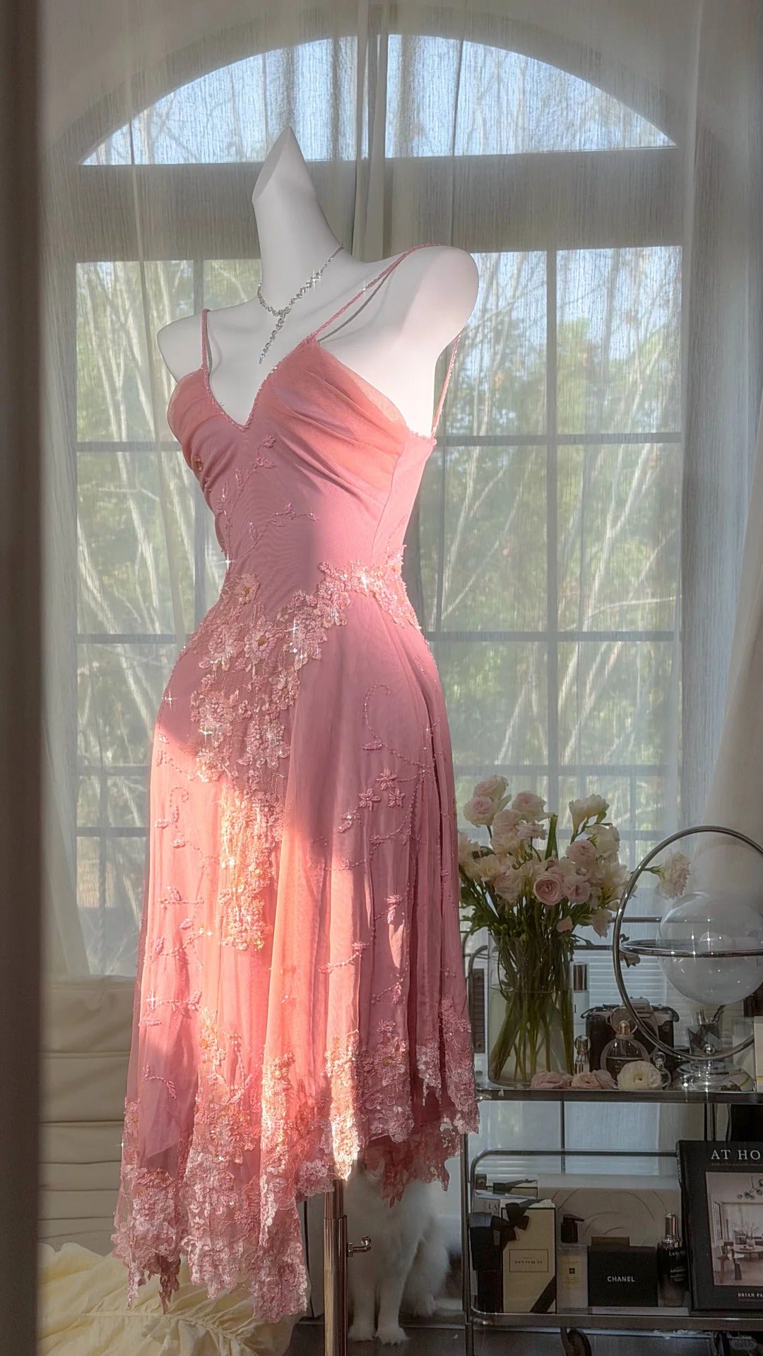 Élégantes robes de bal sirène à fines bretelles en mousseline rose, longueur genou, tenues de soirée formelles N3524