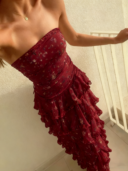 Schlichtes Etuikleid, trägerlos, gelb, Chiffon, Blumenmuster, langes Ballkleid, Partykleid zum 22. Geburtstag, Outfits, Abschlusskleid RB010