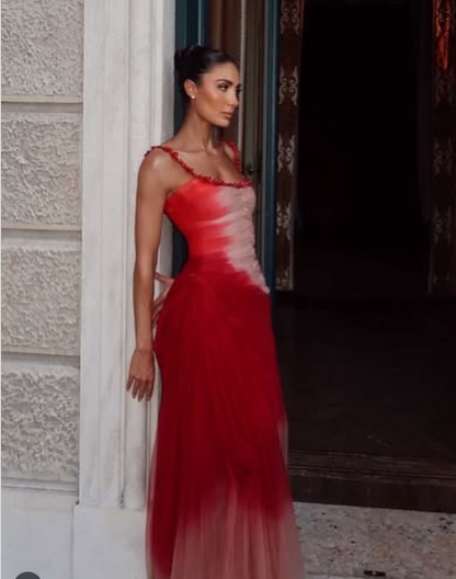 Classy Mermaid Square Neck Ombre Red White Multi Color Beaded Long Prom Dresses Inspo Glitter Prom Gown RB1395