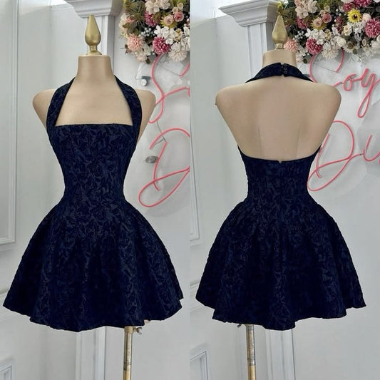 Lovely Ball Gown Hoco & Homecoming Dress Halter Navy Blue Lace Short Party Dresses RB6443