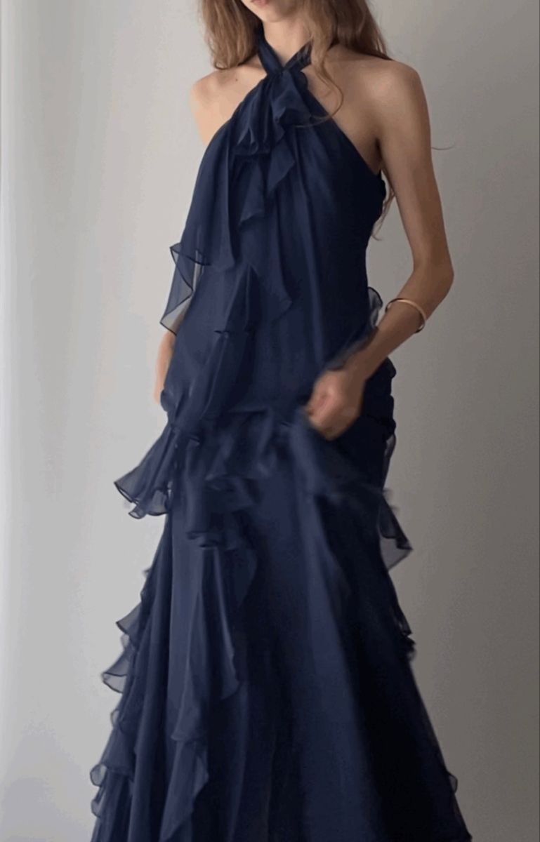 Robe de bal longue bleu marine en mousseline, coupe trapèze, dos nu, inspiration N121