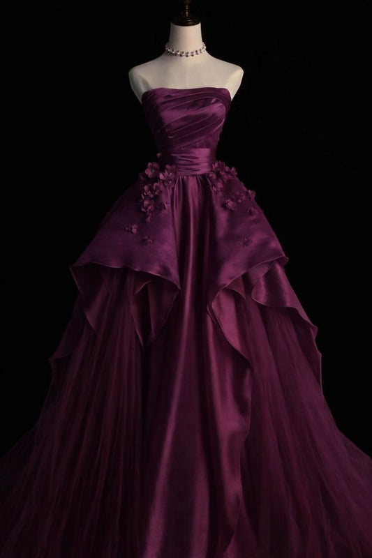 Elegantes, trägerloses, langes Ballkleid aus weinrotem Tüll – ideal für Abschlussball und Abiball (N035)