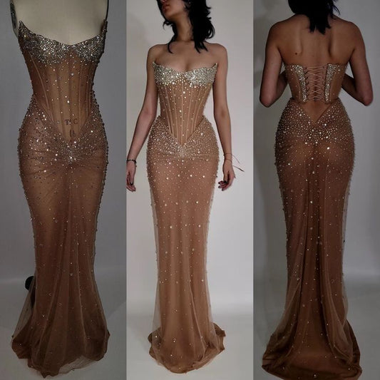 Neu angekommen elegantes Champagner langes Partykleid Ballkleider Meerjungfrau Bodycon für Frauen N4071