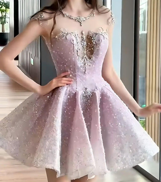 Sparkly Ball Gown Scoop Pink Sequined Short Party Outfit Birthday Homecoming Dresses Cocktail Outfits RB6285