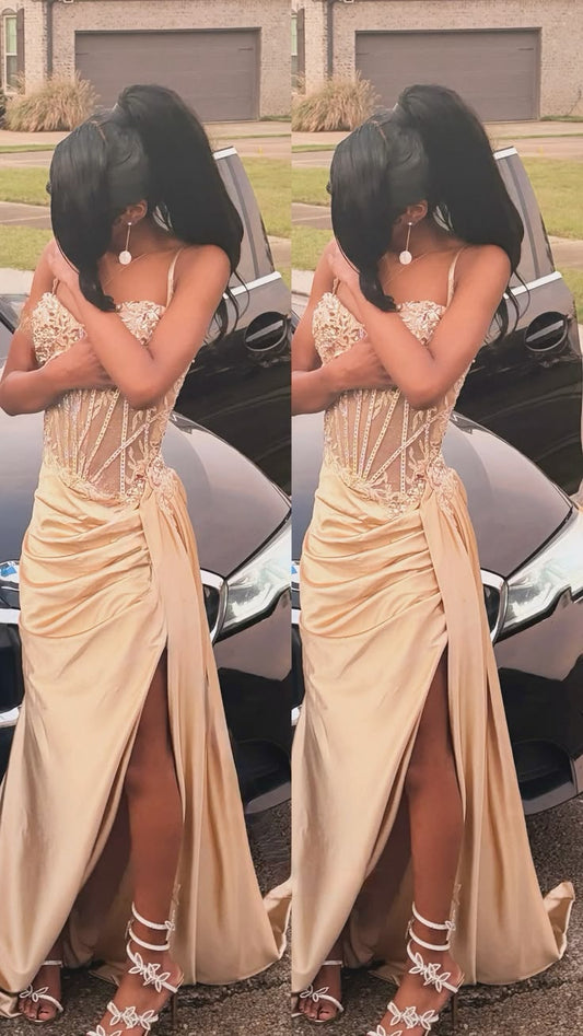 Glitzerndes Spaghettiträger Champagner Langes Partykleid Ballkleider Mit Schlitz Meerjungfrau Abendkleid Für Damen N4089