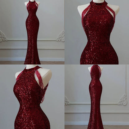Funkelndes Pailletten-Meerjungfrauenkleid mit hohem Kragen, burgunderrot mit Pailletten und Perlen, Inspiration für Abendkleider für Damen, formelles Party- und Ballkleid AB1191