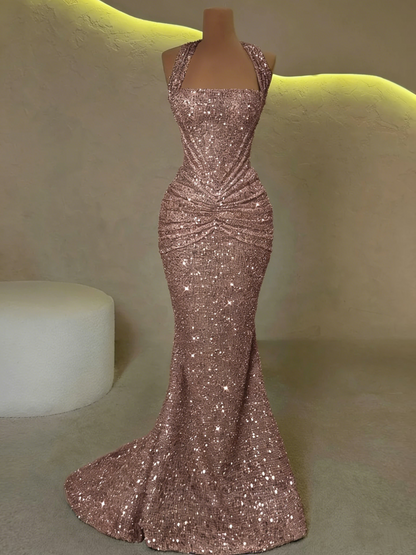 Modest Senior Prom Dresses High Schools Inspiration Mermaid Halter Gold Sequin With Pleated Semi Formal Grad Long Prom Dress For Teens AB1981