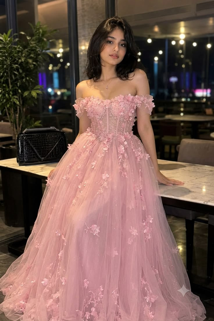 Modest Prom Dresses Ball Gown Off The Shoulder Pink Tulle 3D Flowers Floor Length Long Formal Dress RC1296