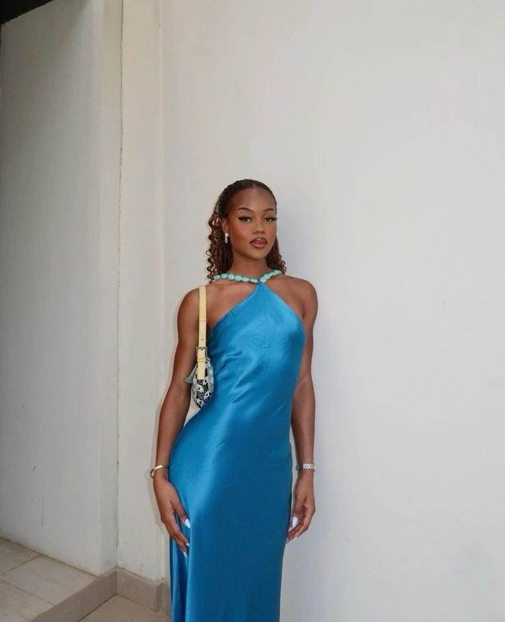 Sexy High Neck Blue Satin Long Prom Dresses Mermaid For Women N4182