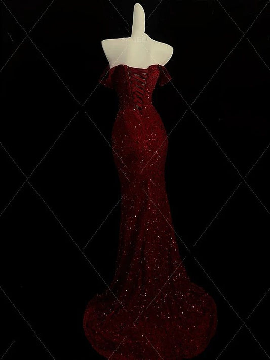 Classy Mermaid Sweetheart Red Slit Sequins Long Evening Gowns Prom Dresses AB130
