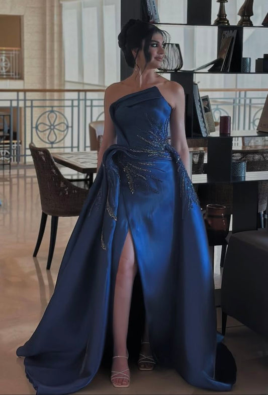 Modest Sheath Strapless Navy Blue Appliqued Beads Slit Prom Dresses Long for Women Formal Evening Gown AB170