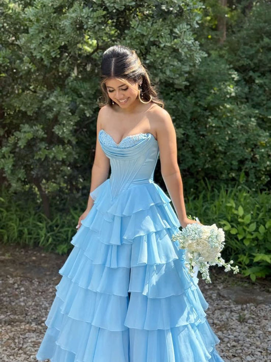 Blue Chiffon Tiered A Line Prom Dresses Long for Women Corset Ruffle Side Slit Formal Evening Gown AB155