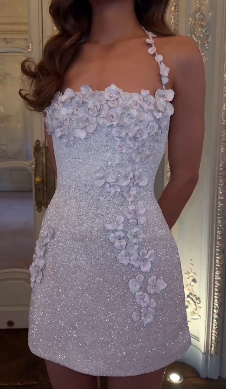 Fancy Sheath Halter White Sequin With Flowers Mini Senior Inspo Short Party Outfits Formal Homecoming Dresses RB3006