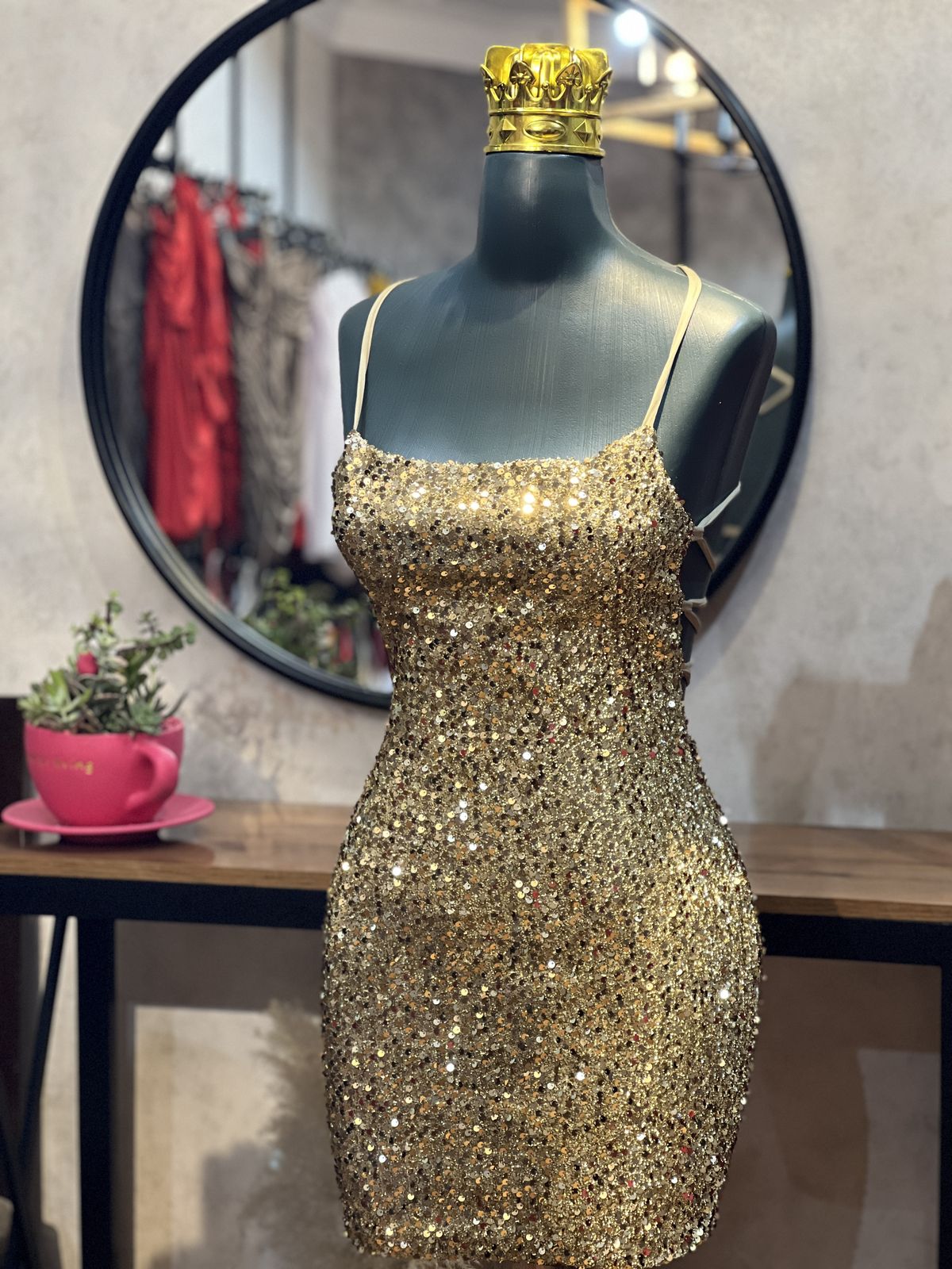 Mini-robe de soirée à fines bretelles et paillettes dorées, robe de bal de fin d'année formelle, tenue de bal de promo RB3007