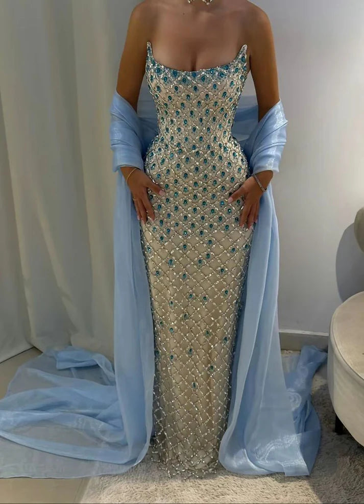 Modest Mermaid Strapless Blue Cape Sequin Long Prom Dresses Inspiration Prom Dress Senior Graduation Dress RB937