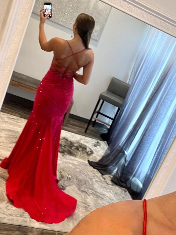 Shiny Mermaid V Neck Glitter Satin Prom Dress Beaded Prom Dress Party Gowns RB1700