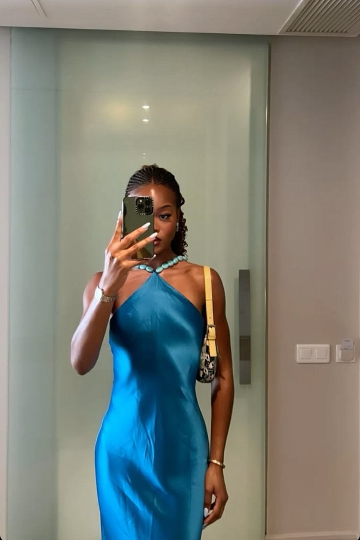 Sexy High Neck Blue Satin Long Prom Dresses Mermaid For Women N4182