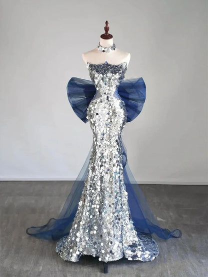 Glitzerndes silbernes Pailletten-Meerjungfrauen-Abendkleid, langes Ballkleid mit Schleife für Teenager, Gymnasien AB1931