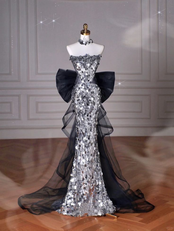 Schwarzes, glitzerndes Pailletten-Tüll-Meerjungfrauen-Abendkleid, trägerlos mit Schleife, für Teenager und Gymnasien AB1932