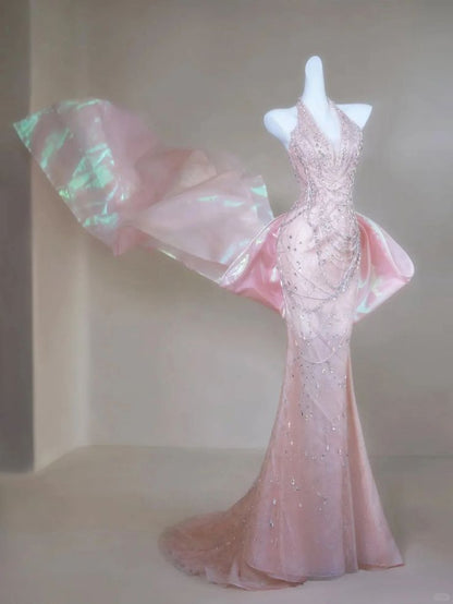 Robe de bal longue sirène chic à sequins roses, dos nu, pour adolescentes et jeunes filles, idéale pour un 20e anniversaire (N135)