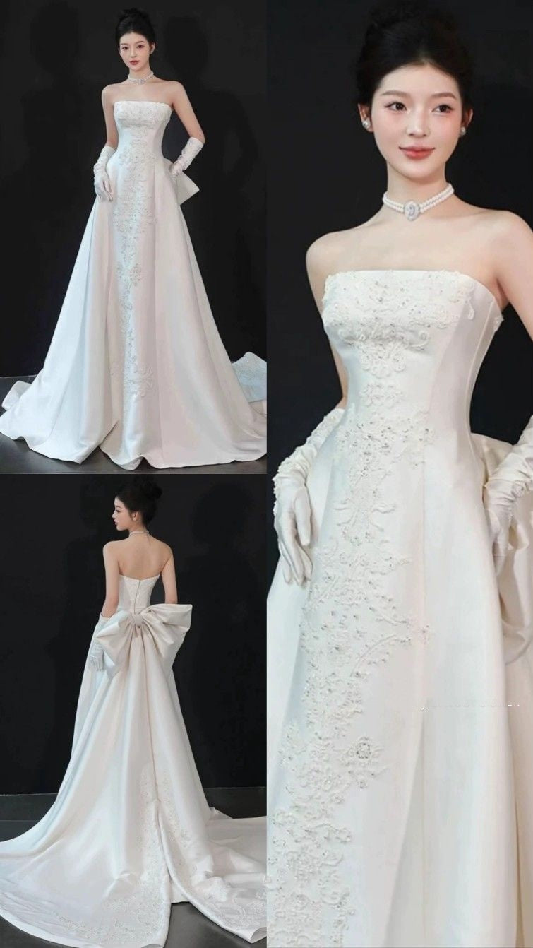 Wedding Gowns Dresses Elegant Modest for Bride Sheath Strapless With Lace Petite/Plus Size Bridal Gowns For Women's Wedding AB1498