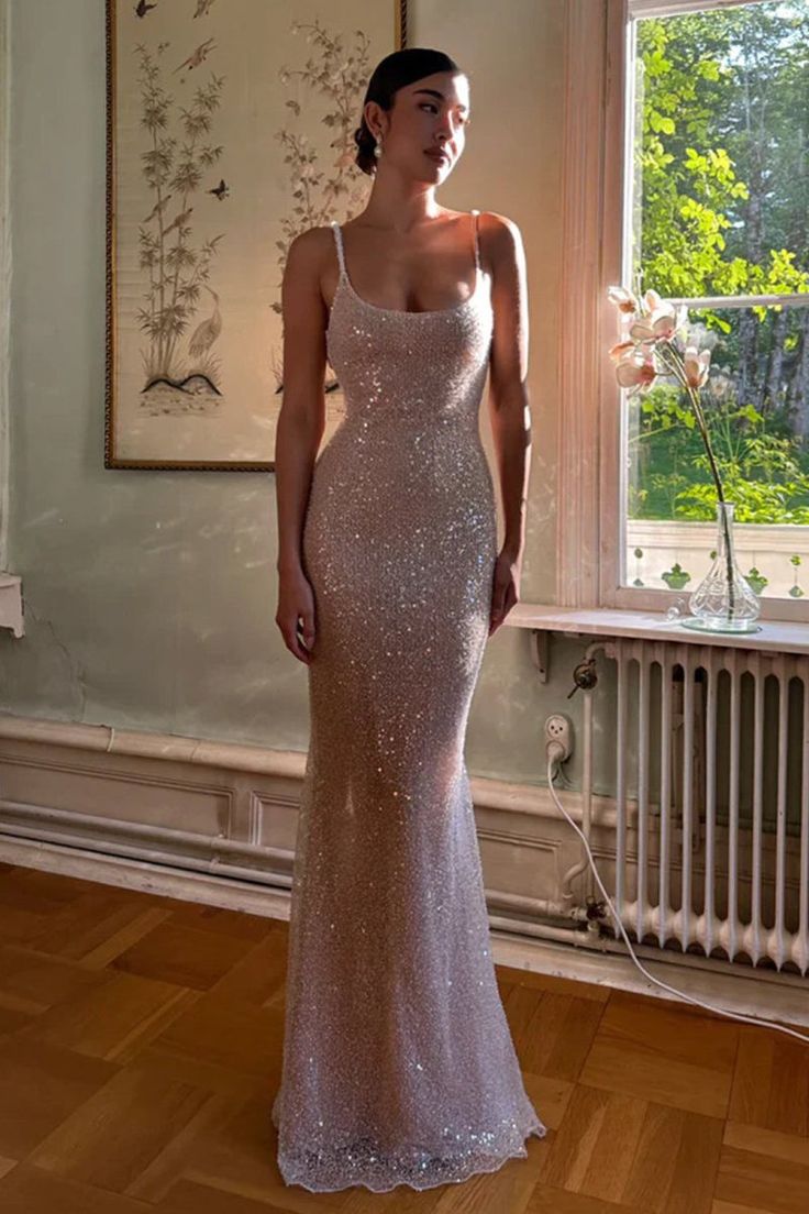 Einfaches rosa Pailletten-Abendkleid mit Meerjungfrauen-Trägern und Schlitz AB1593