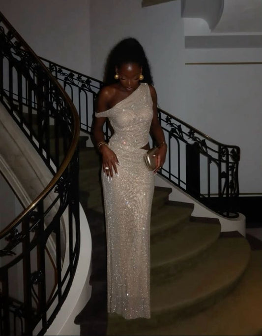 Sparkly Mermaid One Shoulder Long Prom Dresses Formal Evening Gowns AB1602