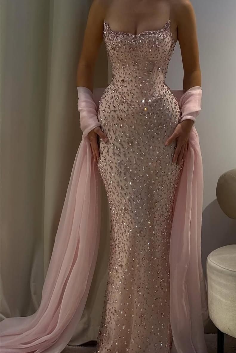 Bezauberndes, trägerloses, ärmelloses, langes Meerjungfrauen-Abendkleid mit Perlenstickerei AB1594