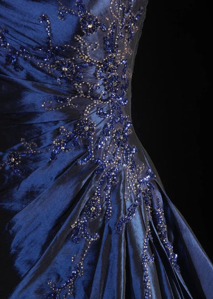 Atemberaubendes marineblaues, trägerloses, perlenbesetztes langes Ballkleid, formelles Abendkleid AB318