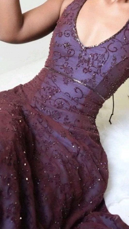 Vintage Meerjungfrauen-Abendkleid aus lila Spitze mit Neckholder, langes Abendkleid, Ballkleid AB326
