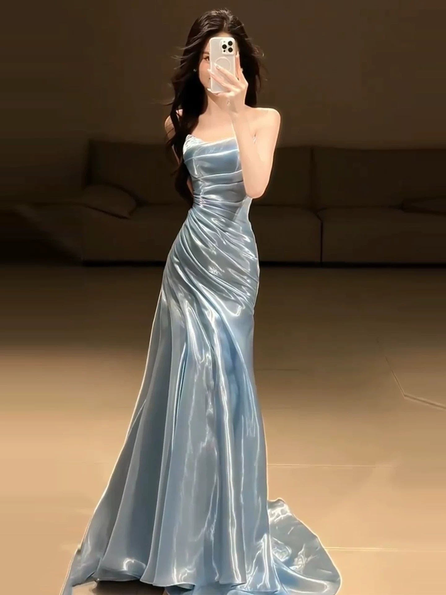 Light Blue Strapless Pleated Prom Dresses Evening Formal Gown Semi Formal Grad Long Prom Dress For Teens AB1993
