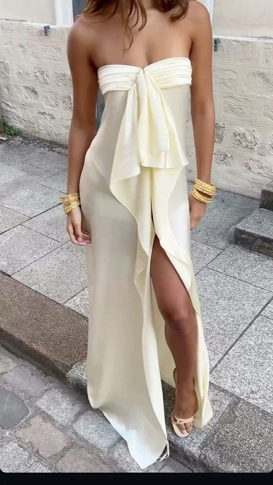 Elegantes, trägerloses, langes Abendkleid in A-Linie mit Schlitz – perfekt für Sommer, Strand, Abschlussball, Frühlingshochzeit oder als Gastkleid (N1395)