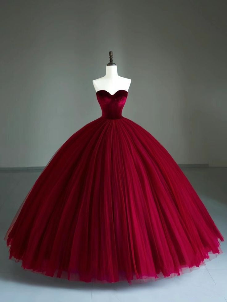 Inspiration robes de bal élégantes 2026 : Robe de soirée en tulle rouge foncé à décolleté cœur pour adolescentes et lycéennes (AB1941)