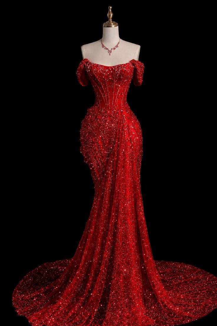 Robe de bal longue rouge à paillettes et perles, épaules dénudées, style sirène scintillante, pour adolescentes et jeunes filles. Tenue de soirée, d'anniversaire ou autre (N413).
