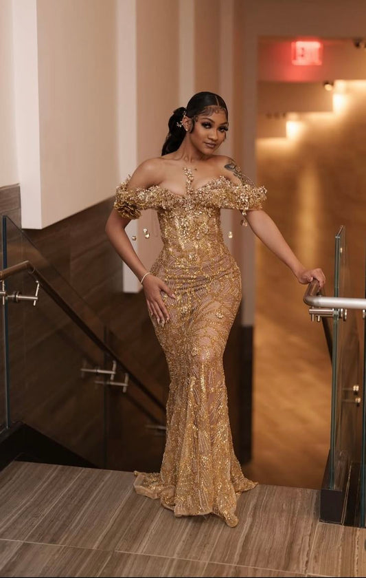 Sparkling Mermaid Off The Shoulder Gold Sequin Inspo For Black Girls People Women Girls Formal Party Gowns Long Prom Dresses N138
