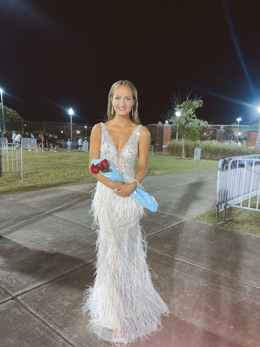 Glam Mermaid V Neck White Sequin Long Prom Dresses Evening Long Semi Formal Dress RB3807