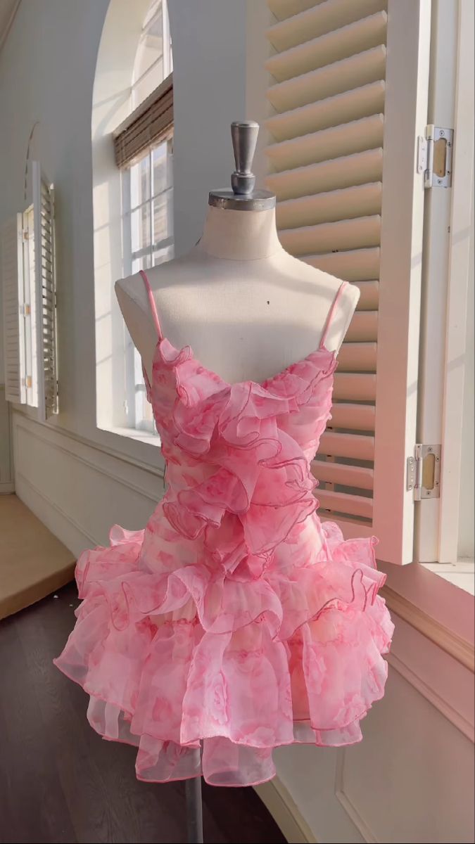 Unique Homecoming Dresses Outfit inspo A Line Spaghetti Straps Pink Floral 16th Birthday Cocktail Dress Ideas Outfits RB8024