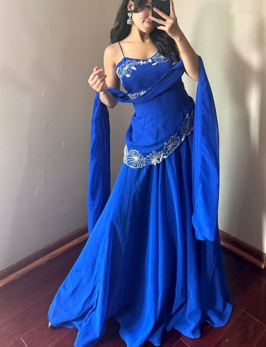 Prächtiges Meerjungfrau-Spaghettiträger-Kleid Königsblau Ärmellos Chiffon Langes Ballkleid Abendkleid N2548