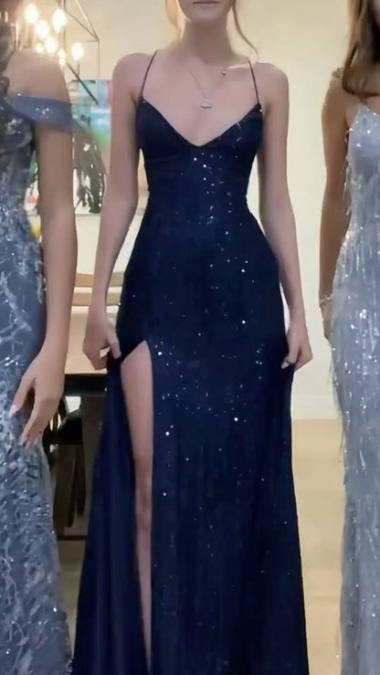 Sexy marineblaues, langes Meerjungfrauen-Abendkleid mit V-Ausschnitt, Schnürung und Schlitz AB640