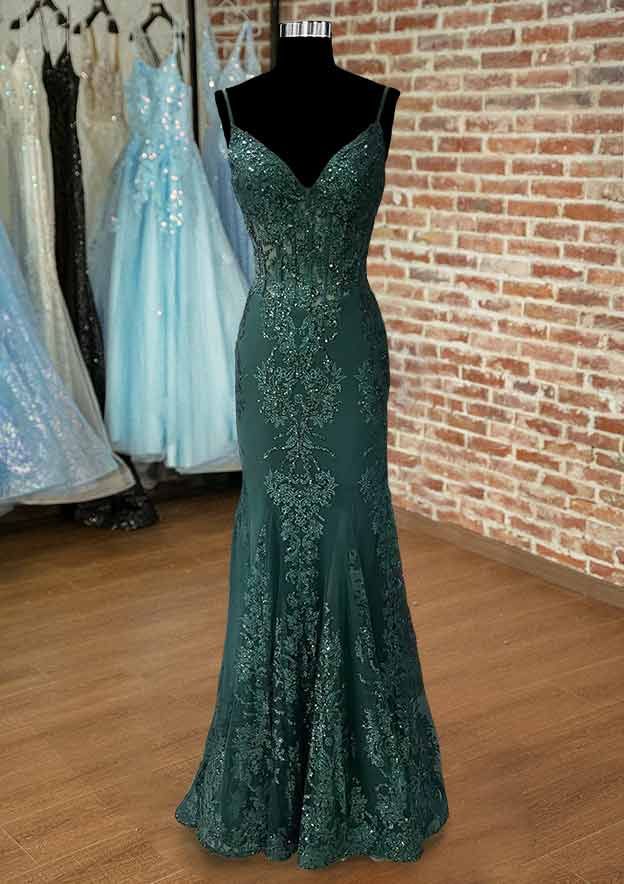 Trompeten-/Meerjungfrauen-Abendkleid mit V-Ausschnitt, Spaghettiträgern, bodenlang, aus Tüll mit applizierten Perlen, AB649