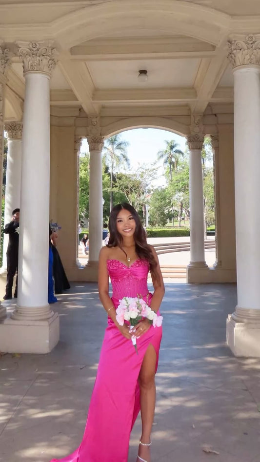 Sexy Mermaid Sweetheart Beaded Hot Pink Satin Long Prom Dress Inspo Party For Teens Girls Formal Gown RB8685