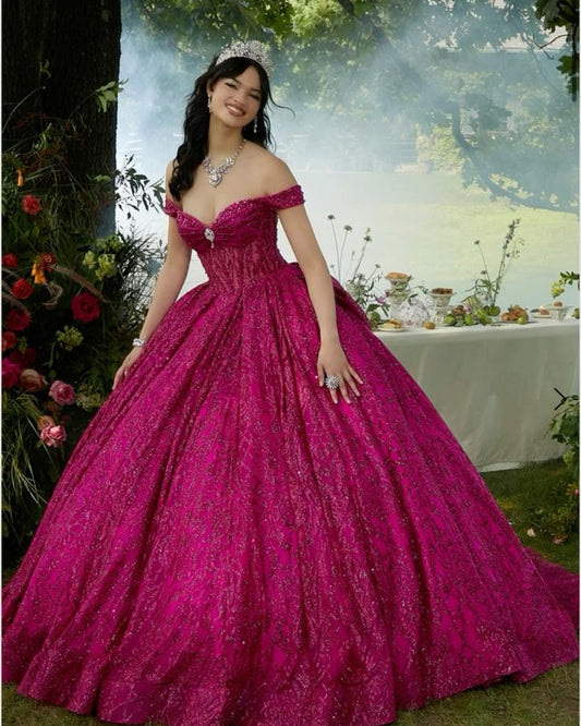 Süßes Ballkleid schulterfrei in Pink, langes Abschlussballkleid für Sweet 15, Quinceañera-Kleid, festliche Garderobe RB8691