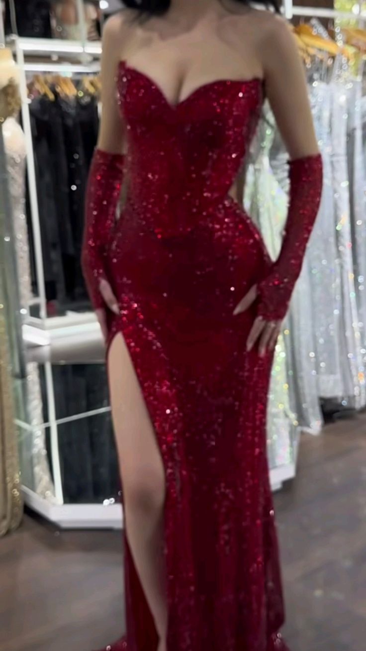 Robe de bal sirène bordeaux à sequins scintillants, décolleté cœur, avec gants assortis - Inspiration robes de soirée pour femmes - Robe de bal formelle AB1195