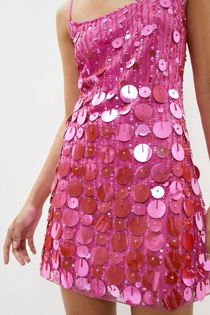 Glitzer A-Linie Spaghettiträger Rosa Pailletten Abschlusskleider Kurz High School Für die 8. Klasse Oberstufen Homecoming Kleid RB3379
