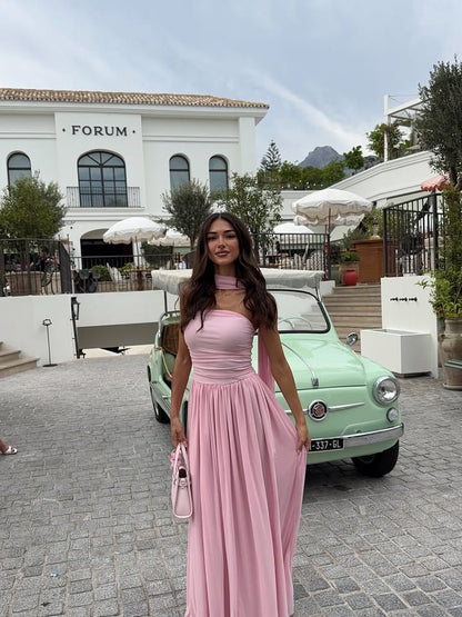 Simple A line Strapless Pink Chiffon With Scarf Ruched Long Evening Prom Dresses Wedding Guest Dress N270