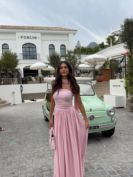 Einfaches, trägerloses, langes Abendkleid aus rosa Chiffon in A-Linie mit Schal und Raffungen, ideal für Abschlussball, Hochzeit oder als Hochzeitsgast (Modell N270).