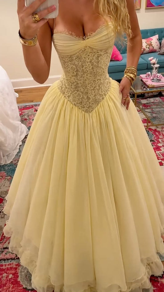 Dreamy Ball Gown Spaghetti Strap Yellow With Pleated Long Prom Dress Lace Evening Party Formal Outfits RB6688