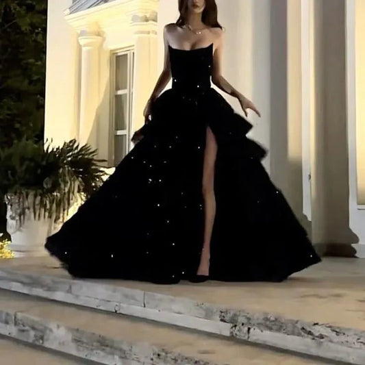Gorgeous A Line Strapless Sleeveless Lace Up Floor-Length Black Slit Prom Dresses Vestidos Evening Gowns AB487